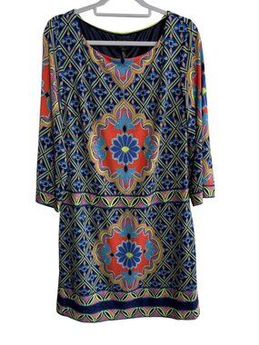 Laundry by Shelli Segal Multicolor Medallion Tile Print 3/4 Sleeve Shift Dress L
